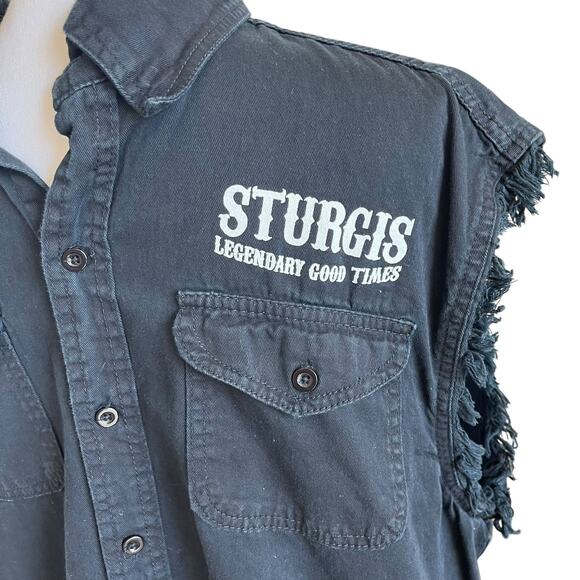 Sturgis Sleeveless Shirt Men Size Large Black Motorcyle Rally Raw Edge Button Up - Picture 4 of 10
